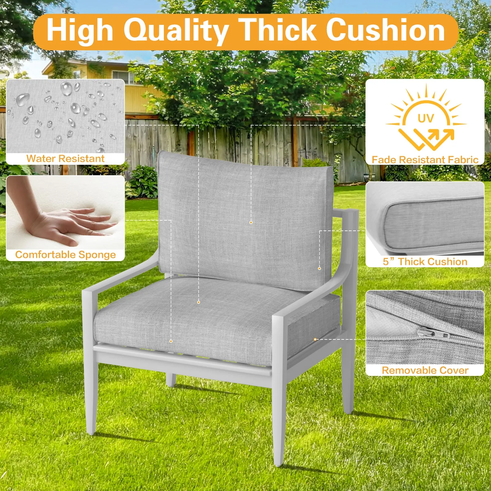 Aluminum Outdoor Armchair Conversation Dining Chair with Waterproof Thick Cushions High Density Foam All-Weather for Balcony, Deck, Patio, Garden, Poolside, Backyard