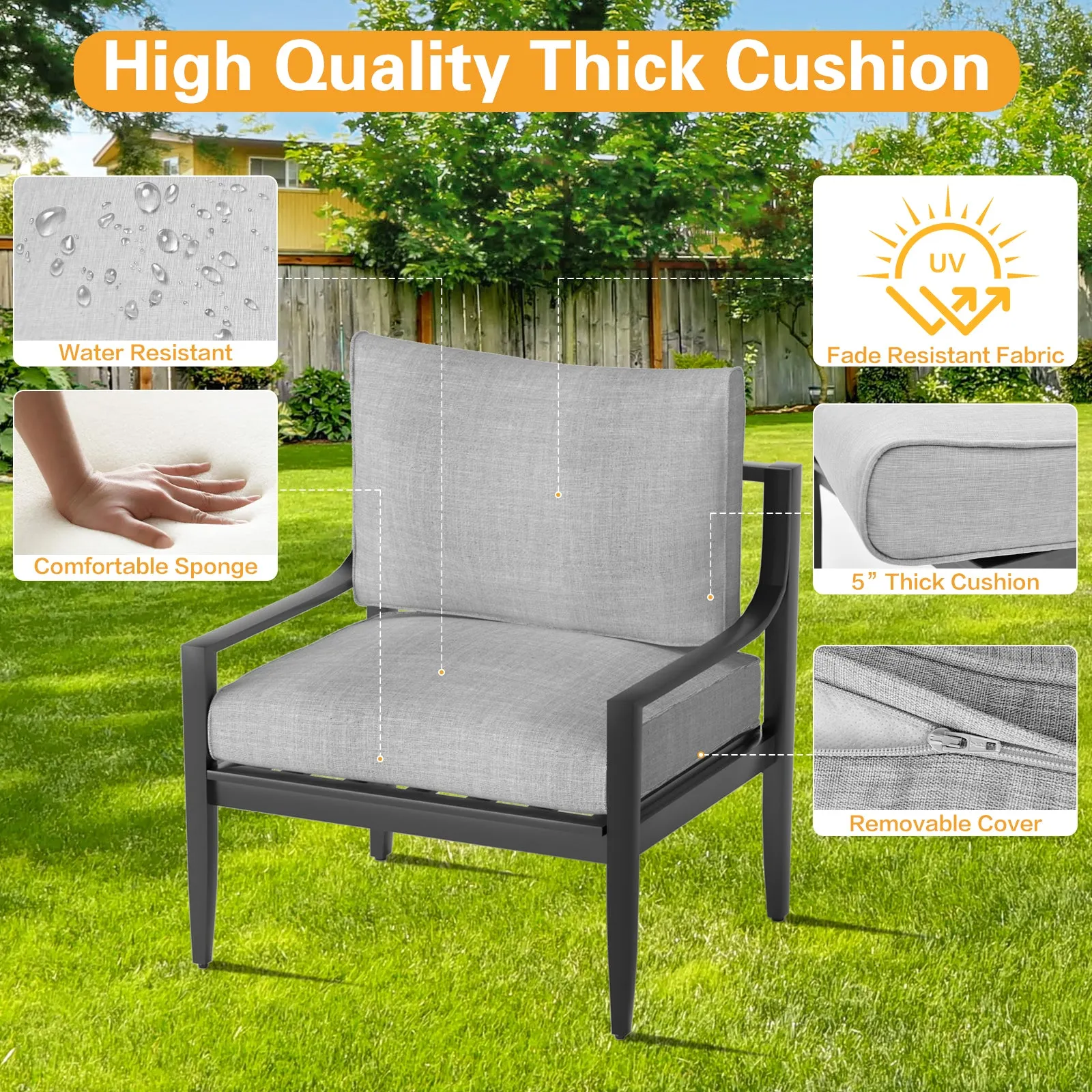 Aluminum Outdoor Armchair Conversation Dining Chair with Waterproof Thick Cushions High Density Foam All-Weather for Balcony, Deck, Patio, Garden, Poolside, Backyard