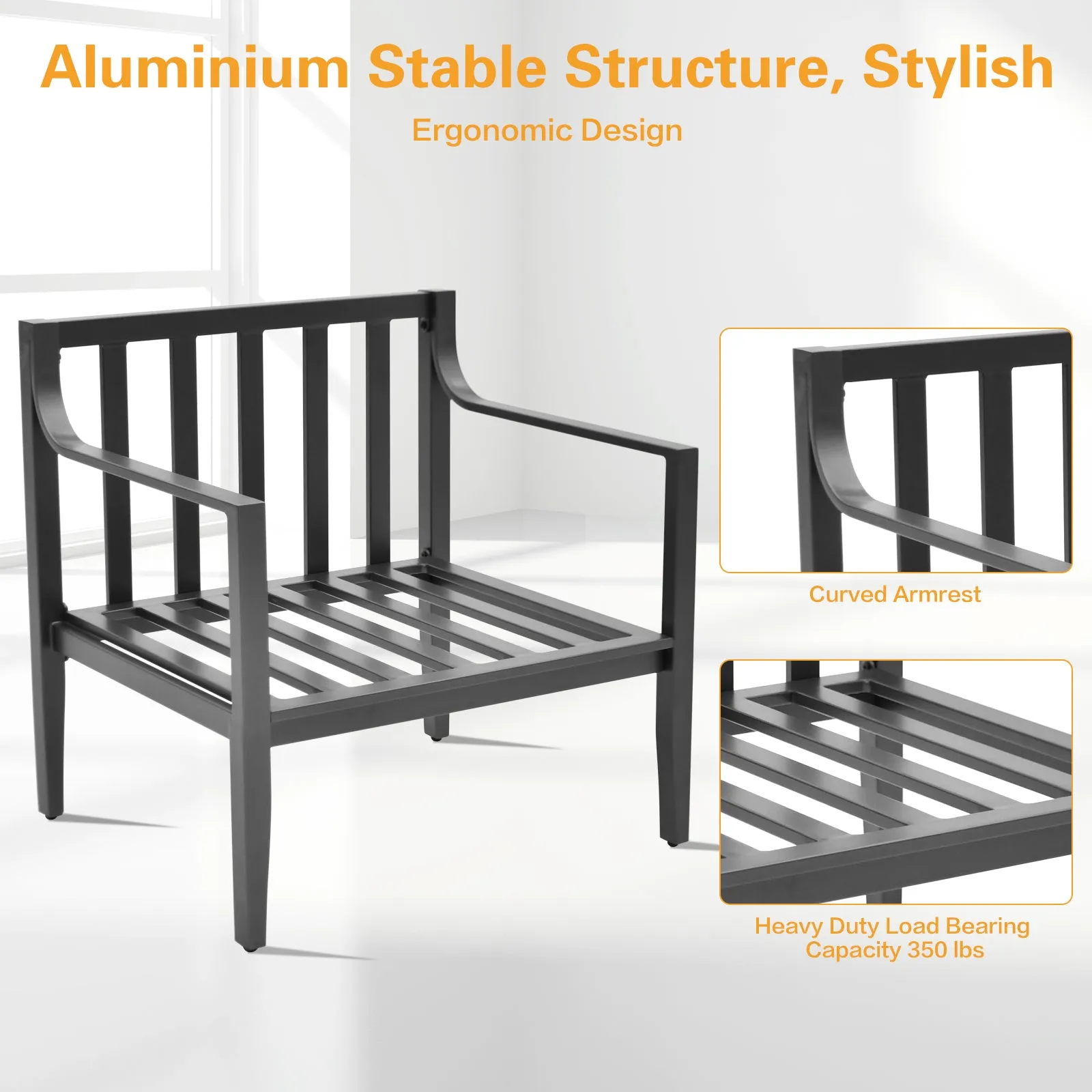 Aluminum Outdoor Armchair Conversation Dining Chair with Waterproof Thick Cushions High Density Foam All-Weather for Balcony, Deck, Patio, Garden, Poolside, Backyard