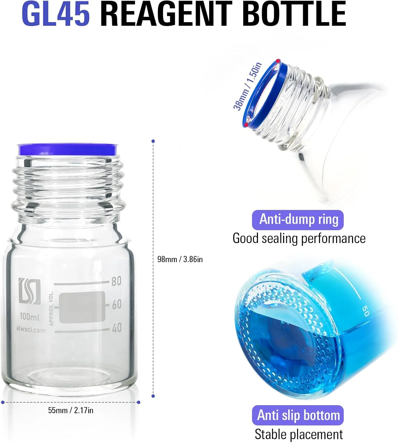 ALWSCI 100 ml Graduated Glass Round Media Storage Bottle with blue GL45 Screw Cap, 3.3 Borosilicate Clear Glass, Wide Mouth Lab Reagent Bottle, Pack of 1