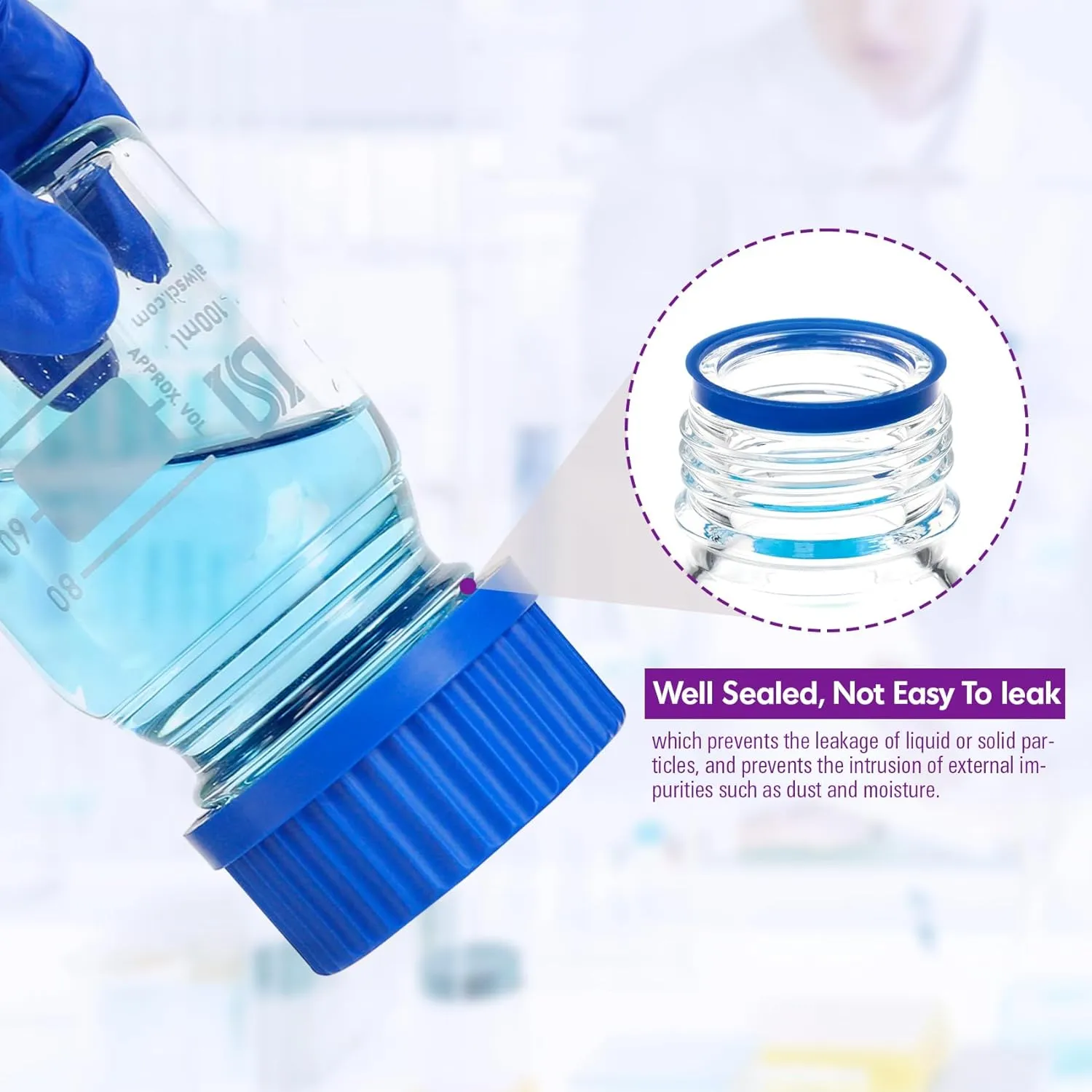 ALWSCI 100ml Graduated Glass Round Media Storage Bottle with blue GL45 Screw Cap, 3.3 Borosilicate Clear Glass, Wide Mouth Lab Reagent Bottle, Pack of 4