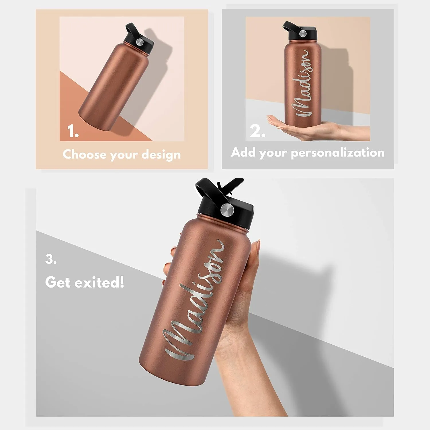 Amazing Items Personalized Water Bottle w/Straw & Lid, 32 oz - Pink | Custom Stainless Steel Sports Water Bottle w/Name and Text - Double-Wall, Vacuum Insulated - Rotating Handle