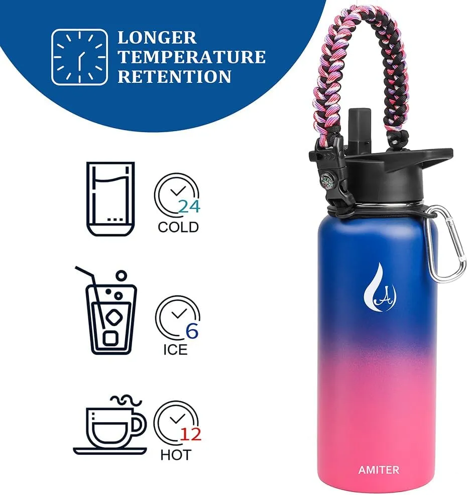 AMITER 32oz Insulated Bottle with Straw & Spout Lid, Wide Mouth Stainless Steel Water Bottles with Paracord Handle