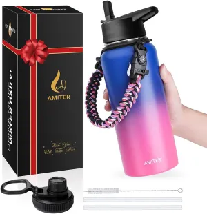 AMITER 32oz Insulated Bottle with Straw & Spout Lid, Wide Mouth Stainless Steel Water Bottles with Paracord Handle