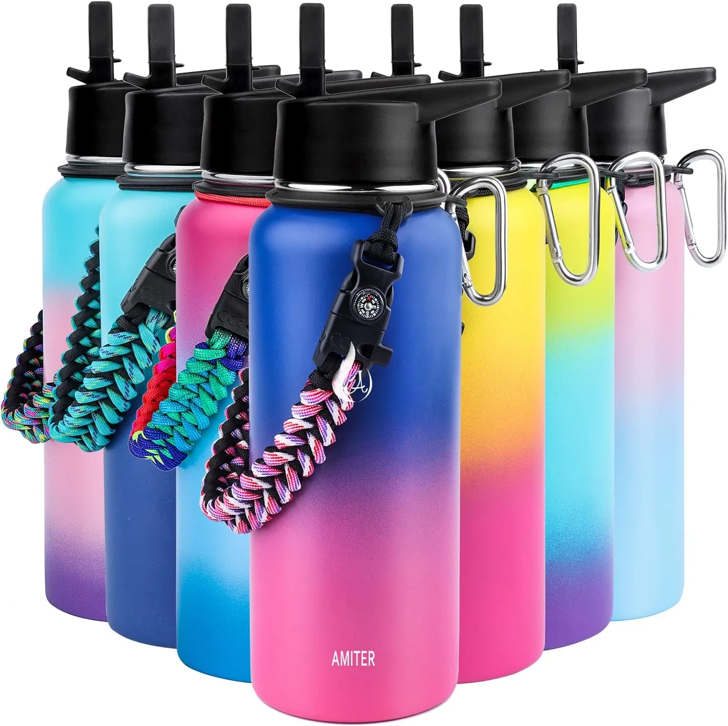 AMITER 32oz Insulated Bottle with Straw & Spout Lid, Wide Mouth Stainless Steel Water Bottles with Paracord Handle