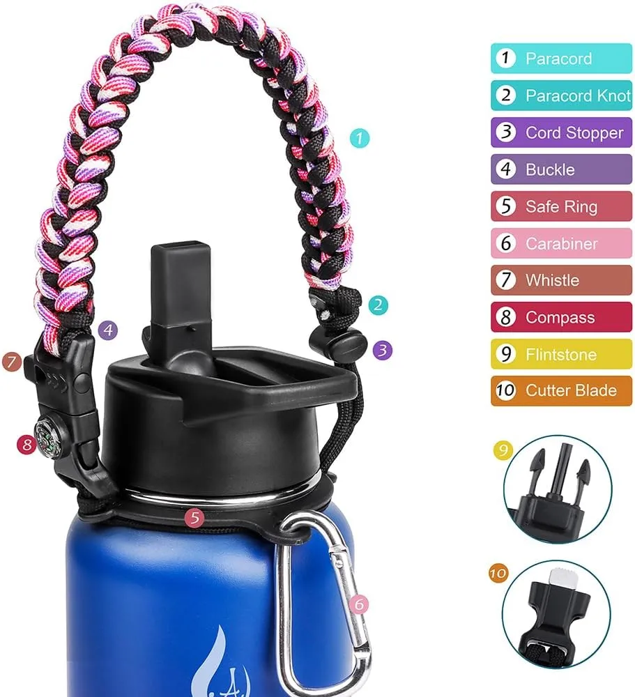AMITER 32oz Insulated Bottle with Straw & Spout Lid, Wide Mouth Stainless Steel Water Bottles with Paracord Handle