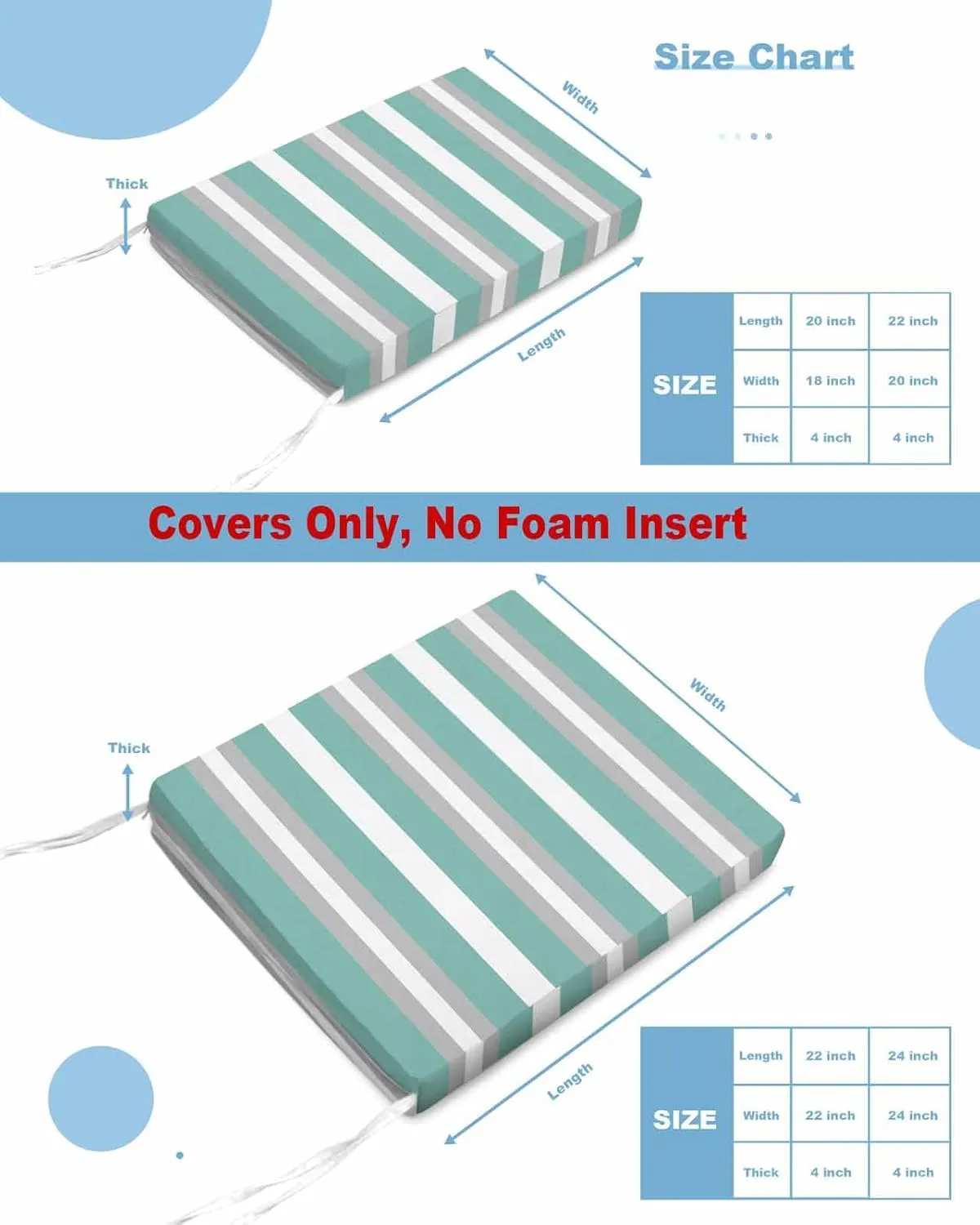 Aqua Grey Stripe Outdoor Cushion Chair Cover Set of 2 - Waterproof Couch Seat Covers, Minimalist Farmhouse Striped Patio Furniture Protector Cushions Slipcovers for Sofa/RV, 22"x22"x4"