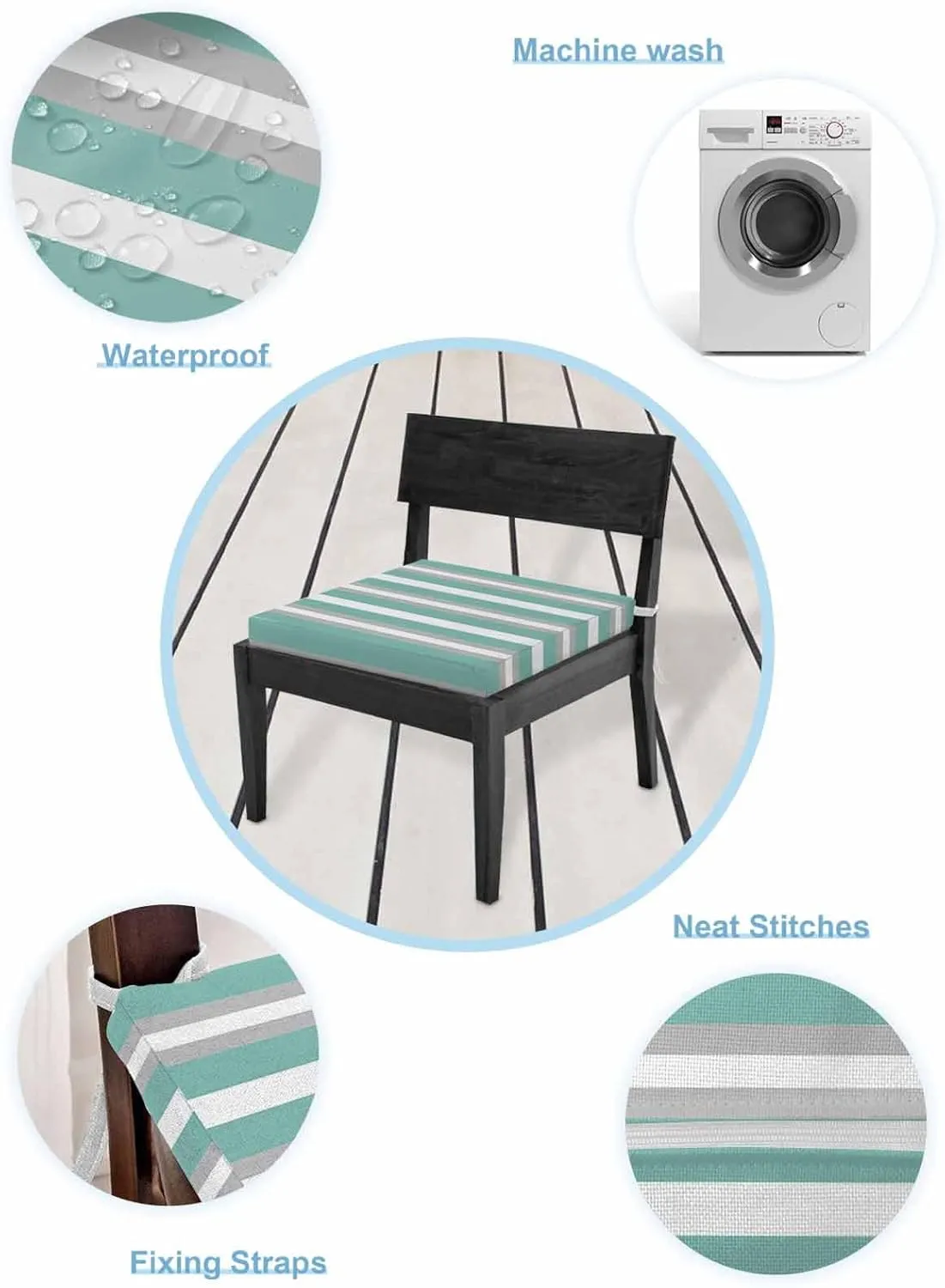 Aqua Grey Stripe Outdoor Cushion Chair Cover Set of 2 - Waterproof Couch Seat Covers, Minimalist Farmhouse Striped Patio Furniture Protector Cushions Slipcovers for Sofa/RV, 22"x22"x4"