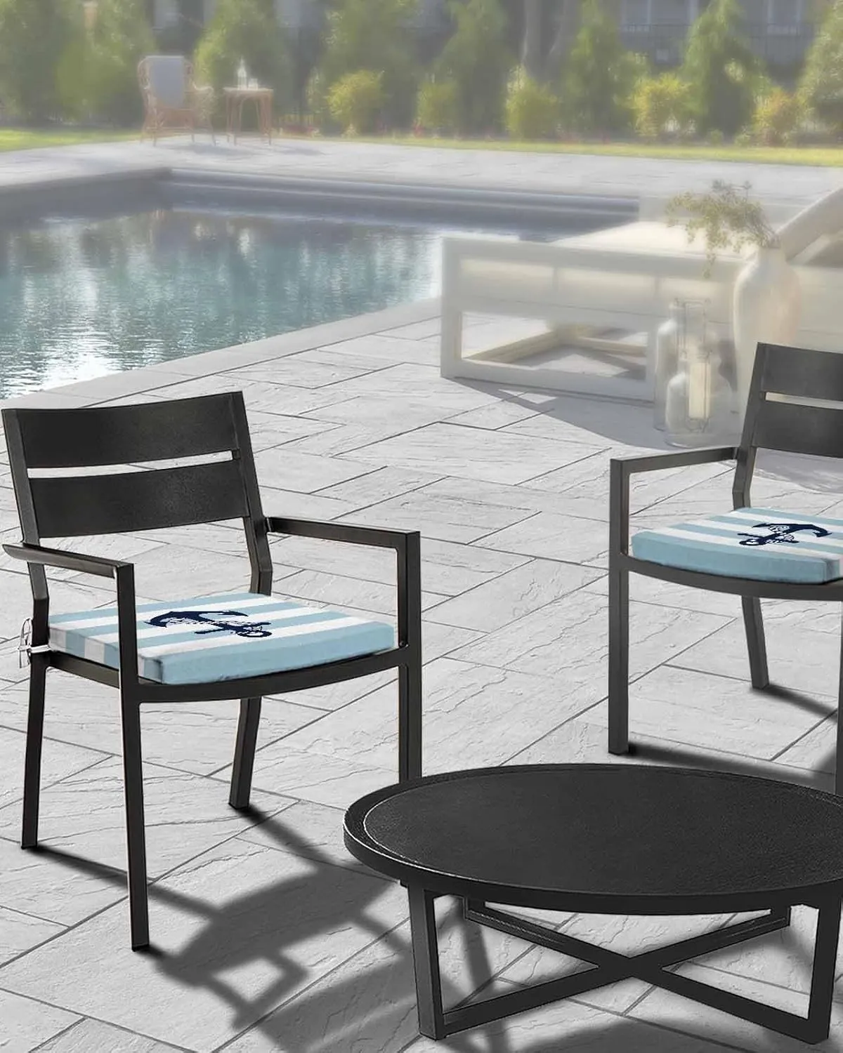 Aqua Stripe Nautical Outdoor Cushion Chair Cover Set of 2 - Waterproof Couch Seat Covers, Navy Blue Anchor Summer Coastal Patio Furniture Protector Cushions Slipcovers for Sofa/RV, 24"x24"x4"