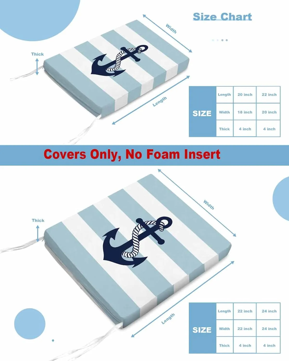 Aqua Stripe Nautical Outdoor Cushion Chair Cover Set of 2 - Waterproof Couch Seat Covers, Navy Blue Anchor Summer Coastal Patio Furniture Protector Cushions Slipcovers for Sofa/RV, 24"x24"x4"