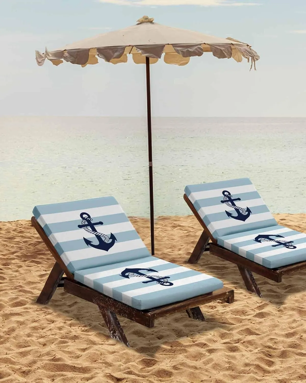 Aqua Stripe Nautical Outdoor Cushion Chair Cover Set of 2 - Waterproof Couch Seat Covers, Navy Blue Anchor Summer Coastal Patio Furniture Protector Cushions Slipcovers for Sofa/RV, 24"x24"x4"