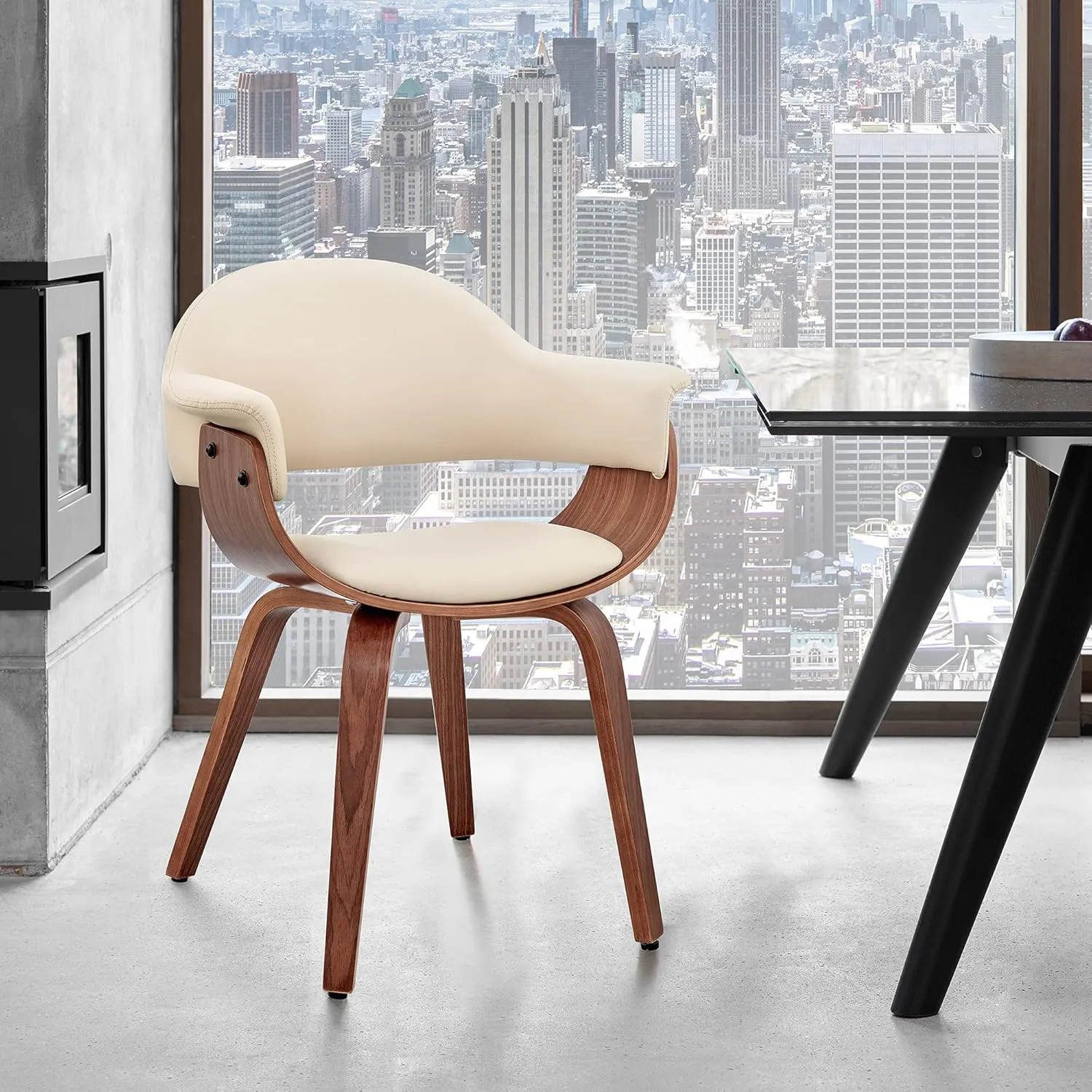 Armen Living Adalyn Faux Leather and Wood Dining Room Accent Chair, Cream/Walnut 19D x 25W x 30H in