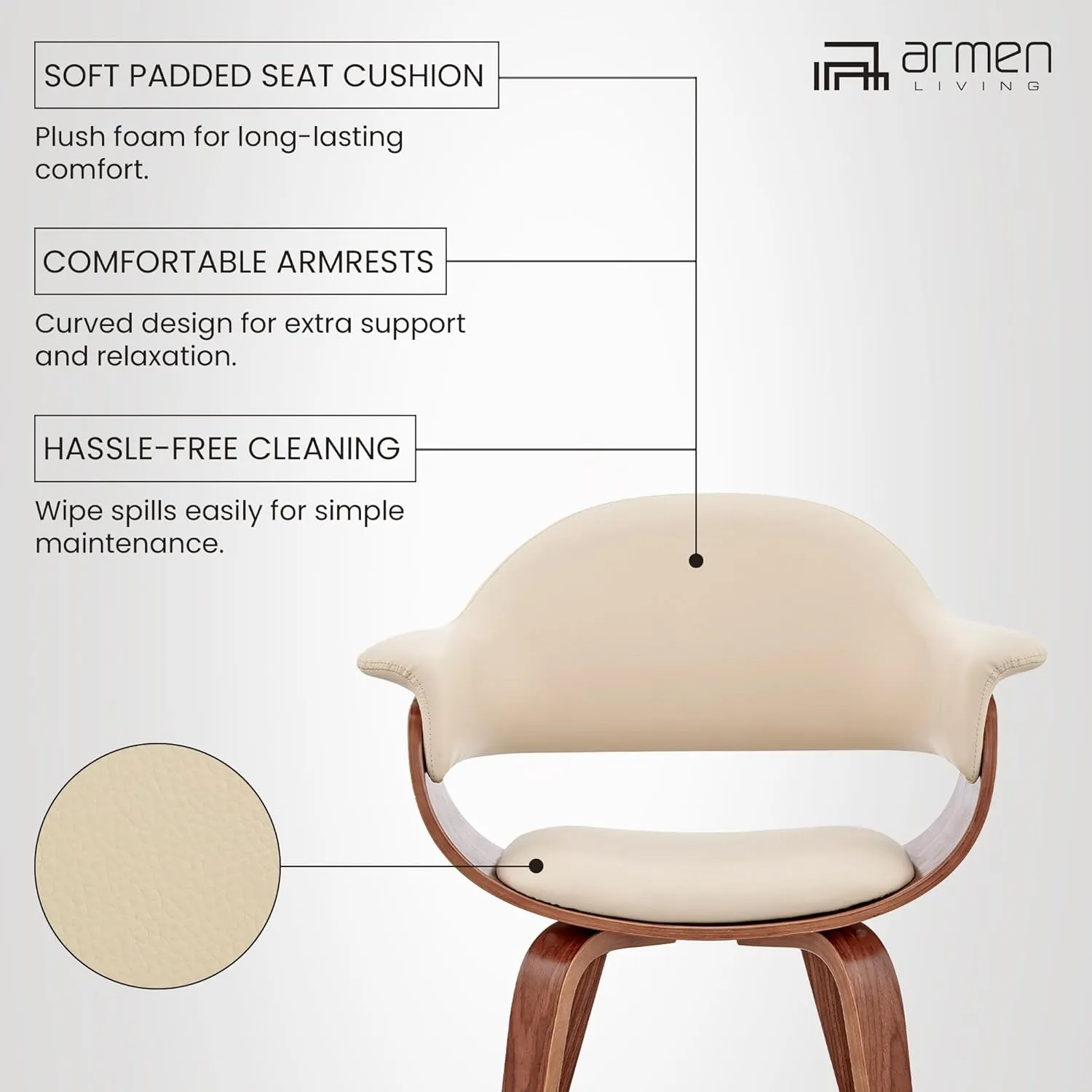 Armen Living Adalyn Faux Leather and Wood Dining Room Accent Chair, Cream/Walnut 19D x 25W x 30H in