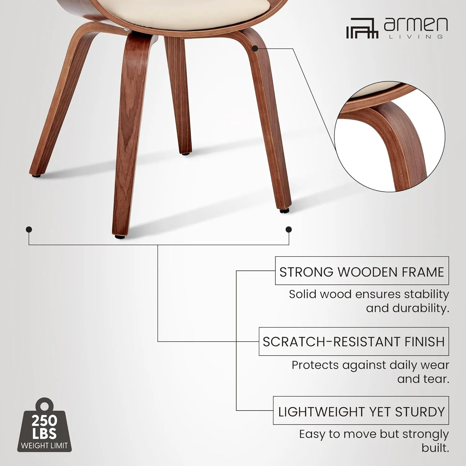 Armen Living Adalyn Faux Leather and Wood Dining Room Accent Chair, Cream/Walnut 19D x 25W x 30H in