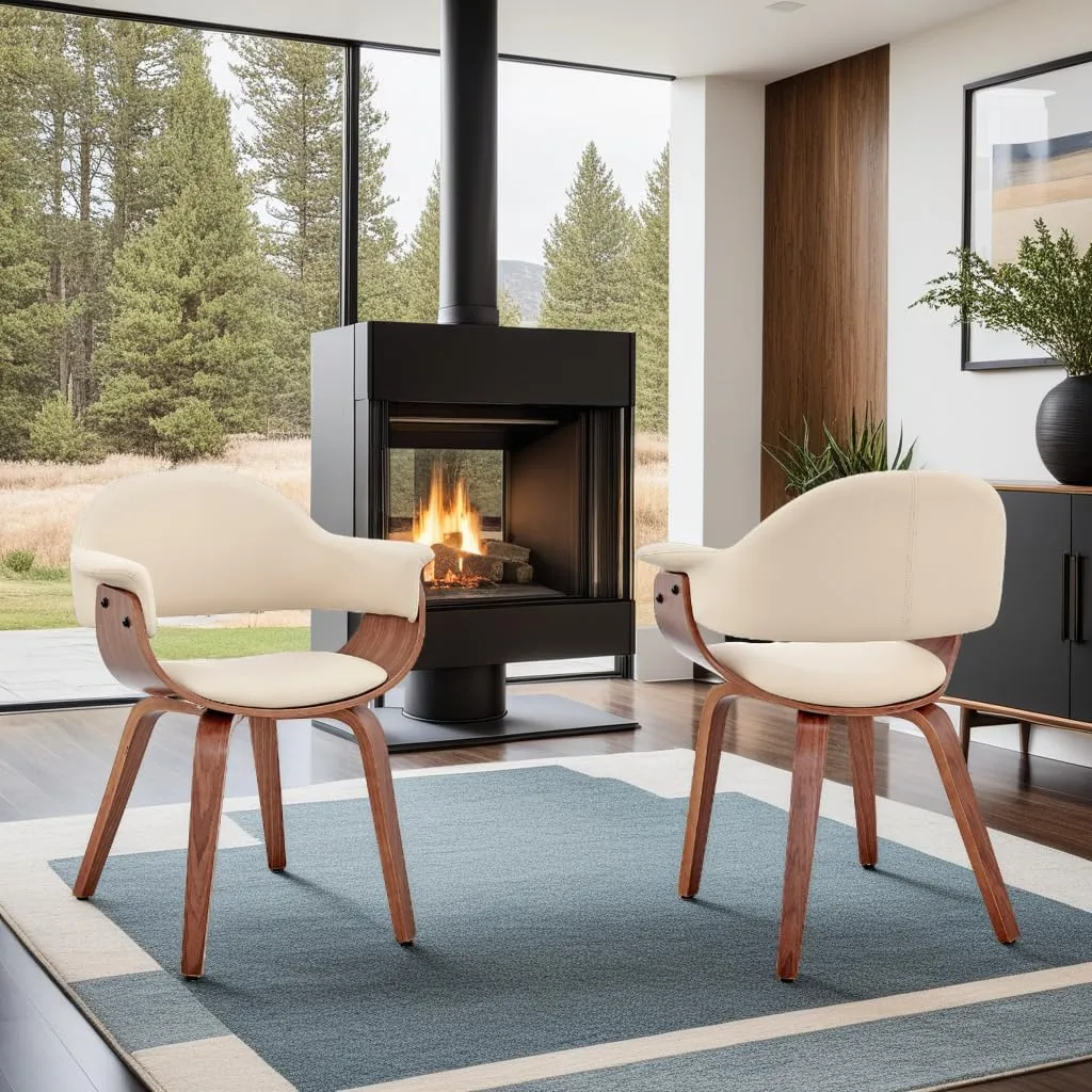 Armen Living Adalyn Faux Leather and Wood Dining Room Accent Chair, Cream/Walnut 19D x 25W x 30H in