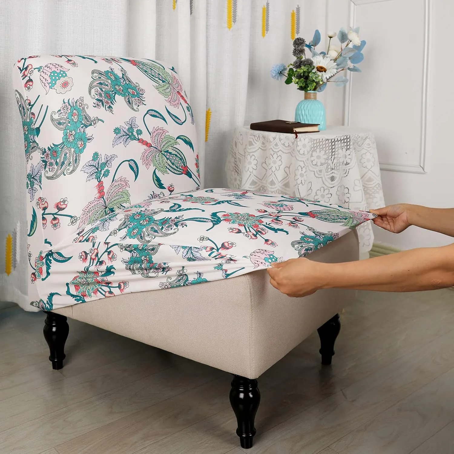 Armless Accent Slipper Chair Cover Slipcover,Stretch Spandex Printed Removable Non-Slip Silp Cover for Accent Chair Without Arms for Living Dining Room(Beige/Green)