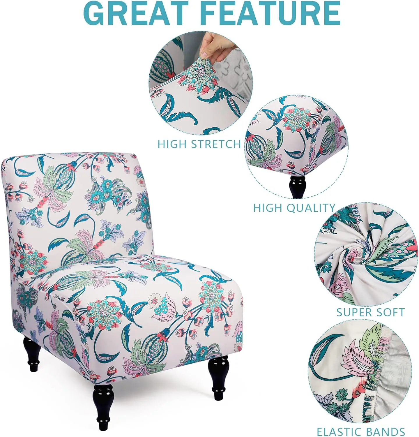 Armless Accent Slipper Chair Cover Slipcover,Stretch Spandex Printed Removable Non-Slip Silp Cover for Accent Chair Without Arms for Living Dining Room(Beige/Green)