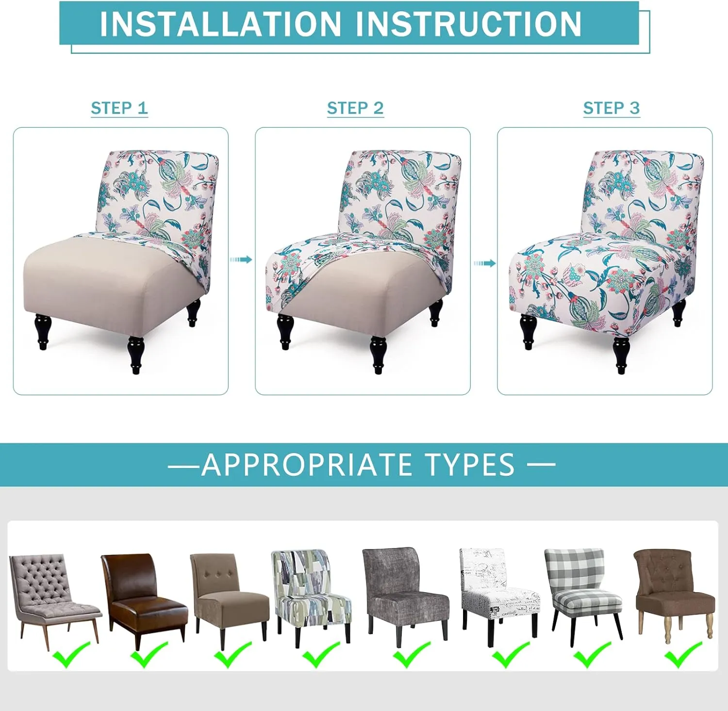 Armless Accent Slipper Chair Cover Slipcover,Stretch Spandex Printed Removable Non-Slip Silp Cover for Accent Chair Without Arms for Living Dining Room(Beige/Green)
