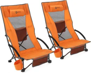 ARROWHEAD OUTDOOR 2-Pack Low Seating   20° Reclining Folding Beach Chair w/Padded Headrest, Foam Armrest, Cup Holder, Carry Bag, 300 LBS Weight Capacity
