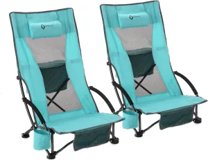 ARROWHEAD OUTDOOR 2-Pack Low Seating   20° Reclining Folding Beach Chair w/Padded Headrest, Foam Armrest, Cup Holder, Carry Bag, 300 LBS Weight Capacity