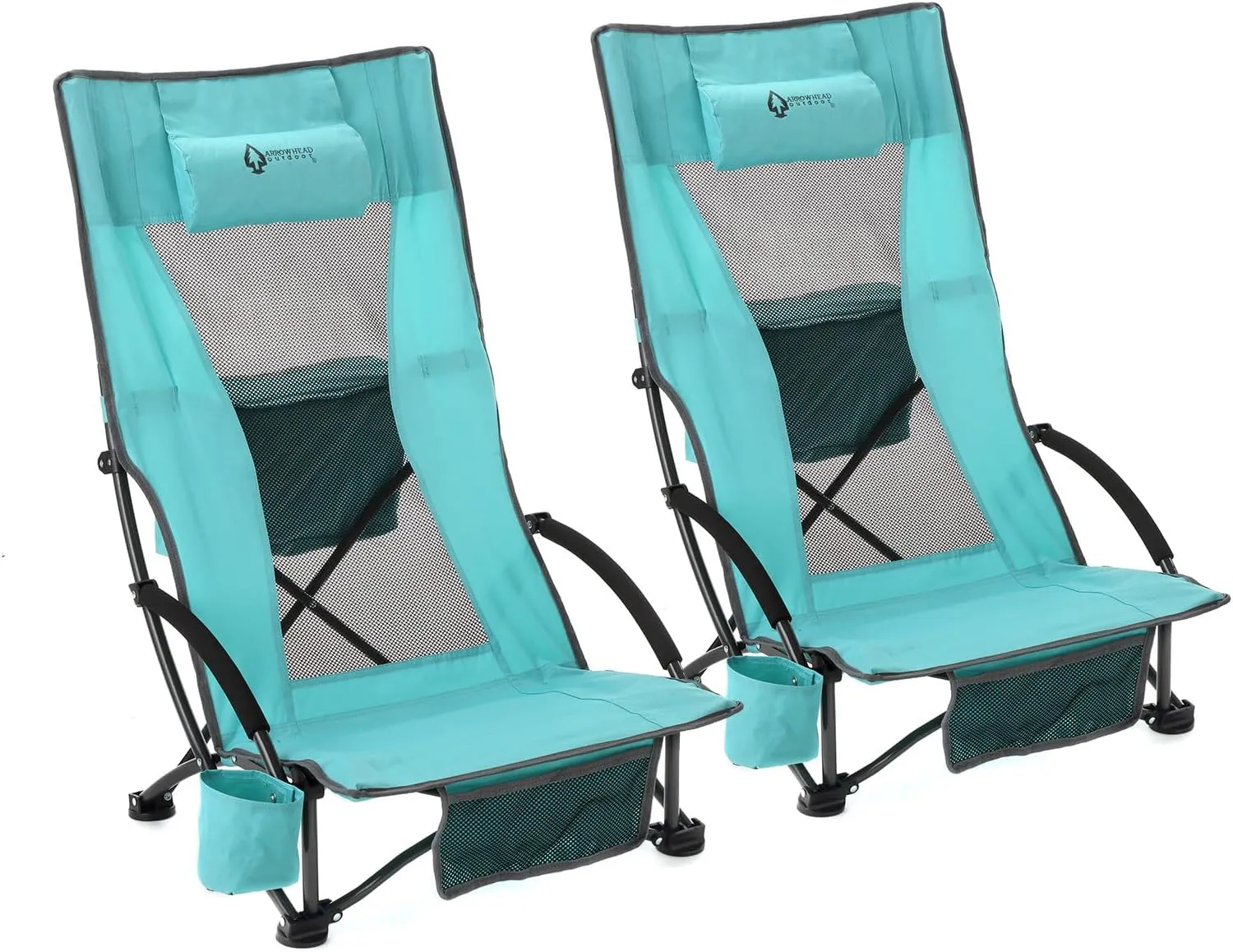 ARROWHEAD OUTDOOR 2-Pack Low Seating   20° Reclining Folding Beach Chair w/Padded Headrest, Foam Armrest, Cup Holder, Carry Bag, 300 LBS Weight Capacity