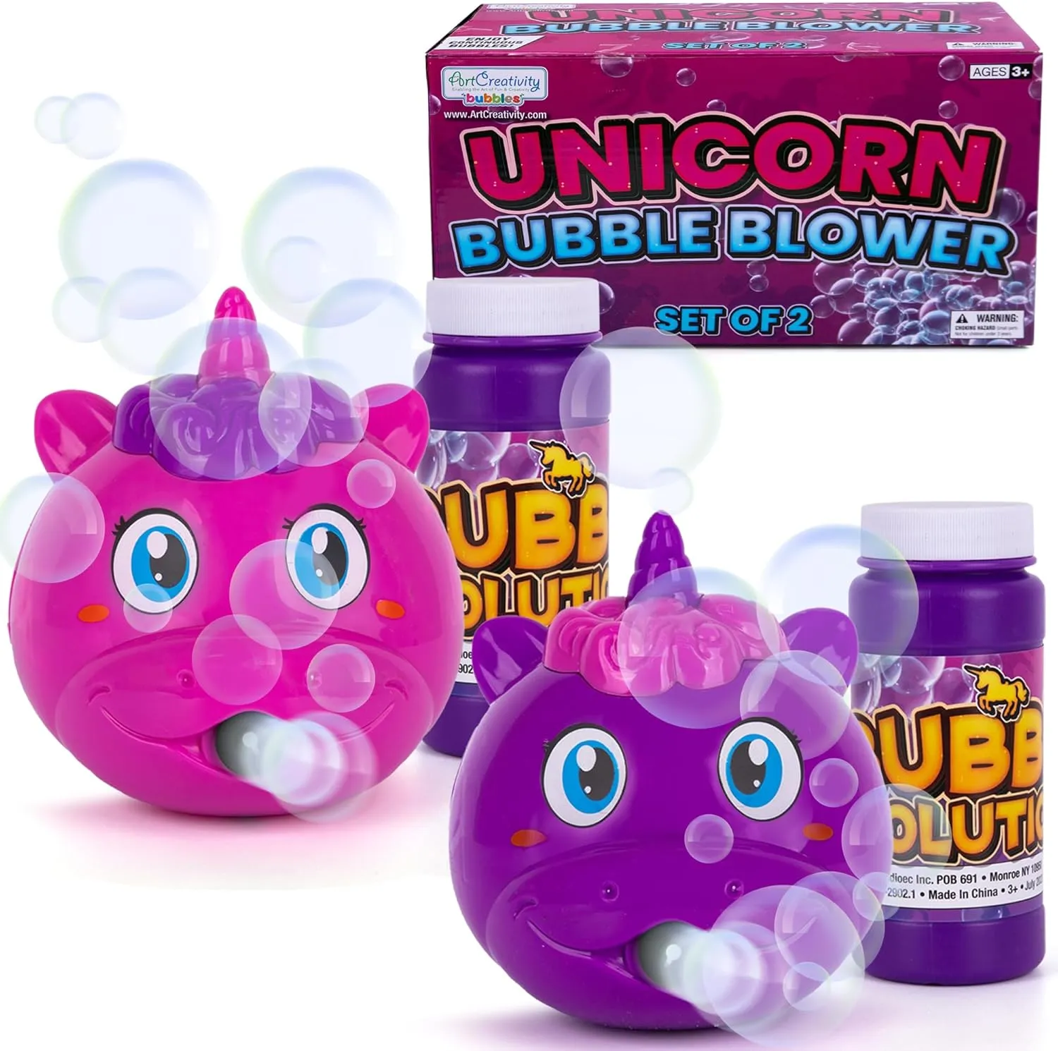 ArtCreativity Unicorn Bubble Machine for Kids, Set of 2, Bubble Blower with Bubble Solution Included, Pink & Purple Unicorn Bubble Toys for Girls & Boys, Princess Party Favors & Goodie Bag Filler