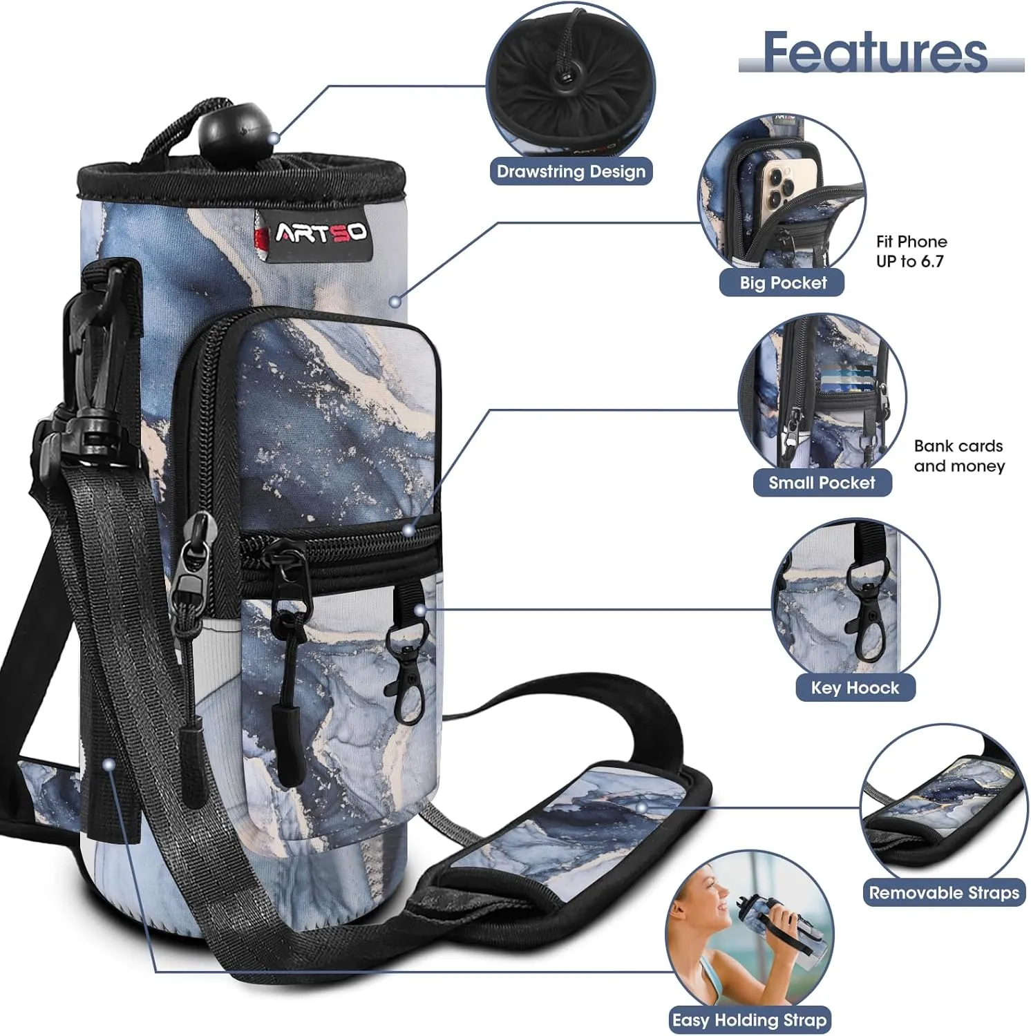 ARTSO Water Bottle Carrier Bag Sling Holder Pouch, 25oz 32oz 40oz 64oz Insulated Water Bottle Sleeve Case Cover with Adjustable Shoulder Hand Strap Pocket for Men Women, Gilt Dark Blue Marble