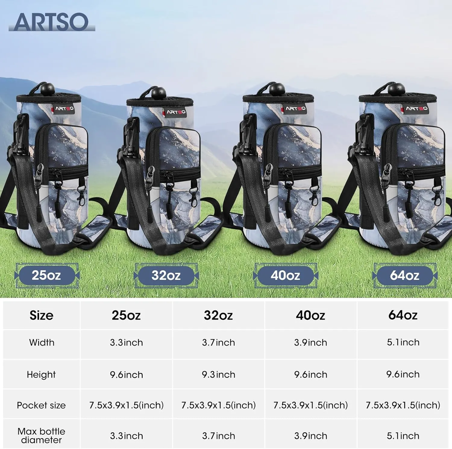 ARTSO Water Bottle Carrier Bag Sling Holder Pouch, 25oz 32oz 40oz 64oz Insulated Water Bottle Sleeve Case Cover with Adjustable Shoulder Hand Strap Pocket for Men Women, Gilt Dark Blue Marble