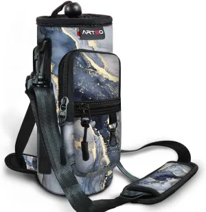 ARTSO Water Bottle Carrier Bag Sling Holder Pouch, 25oz 32oz 40oz 64oz Insulated Water Bottle Sleeve Case Cover with Adjustable Shoulder Hand Strap Pocket for Men Women, Gilt Dark Blue Marble