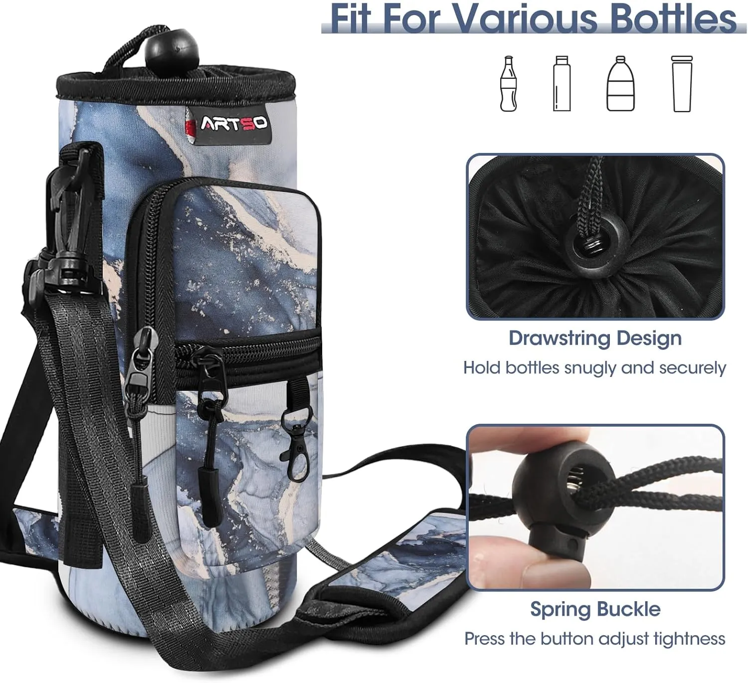ARTSO Water Bottle Carrier Bag Sling Holder Pouch, 25oz 32oz 40oz 64oz Insulated Water Bottle Sleeve Case Cover with Adjustable Shoulder Hand Strap Pocket for Men Women, Gilt Dark Blue Marble