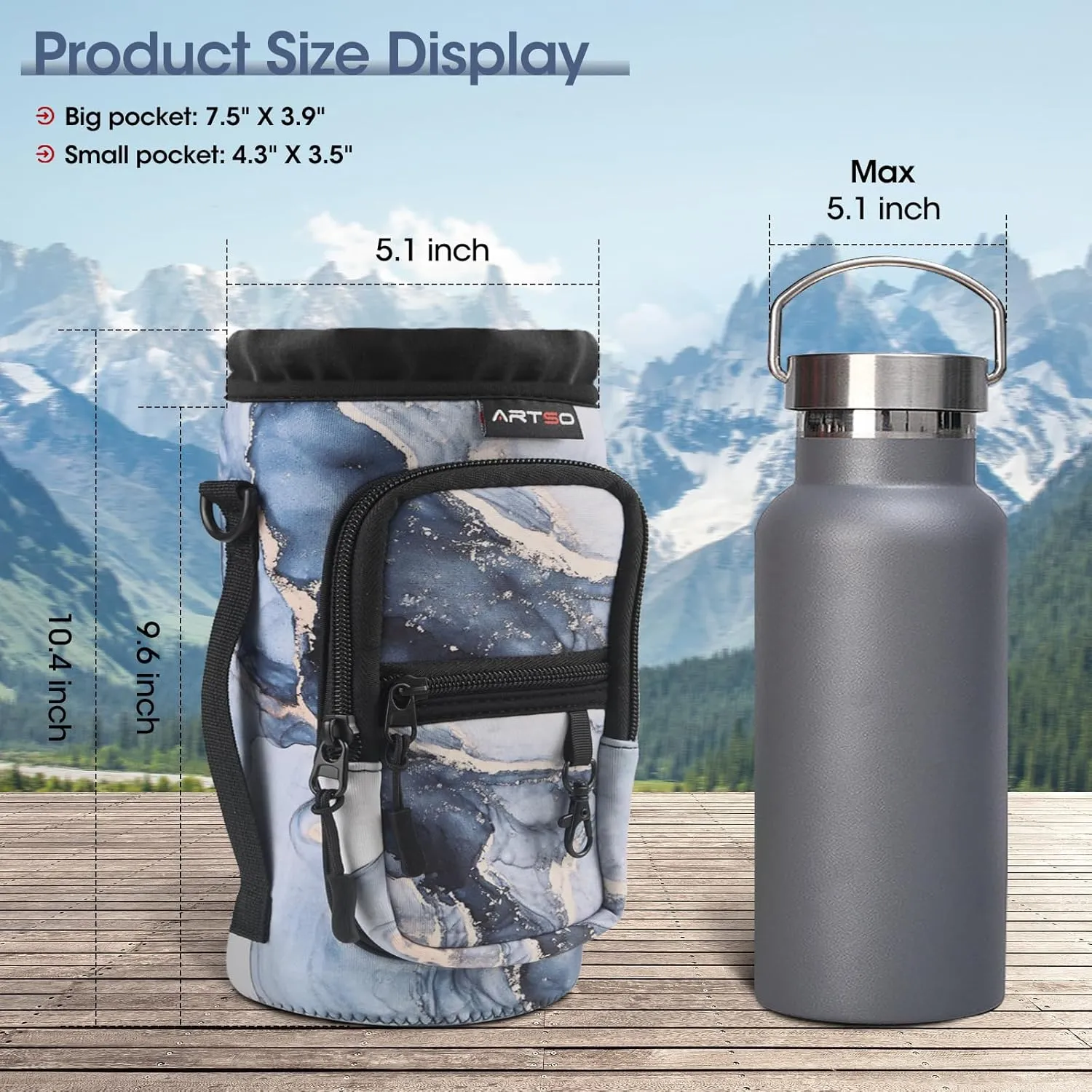 ARTSO Water Bottle Carrier Bag Sling Holder Pouch, 25oz 32oz 40oz 64oz Insulated Water Bottle Sleeve Case Cover with Adjustable Shoulder Hand Strap Pocket for Men Women, Gilt Dark Blue Marble