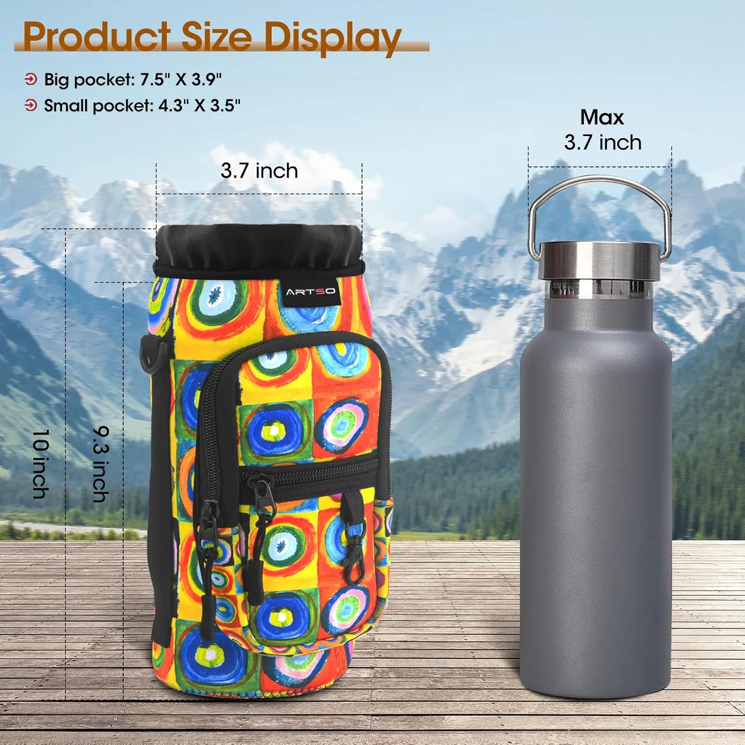 ARTSO Water Bottle Carrier Bag with Phone Pocket, Neoprene Sleeve Water Bottle Holder Sling Bag Pouch with Adjustable Strap 25/32/40/64 oz for Walking Hiking Camping Gym(32oz, Colorful Plaid Circle)