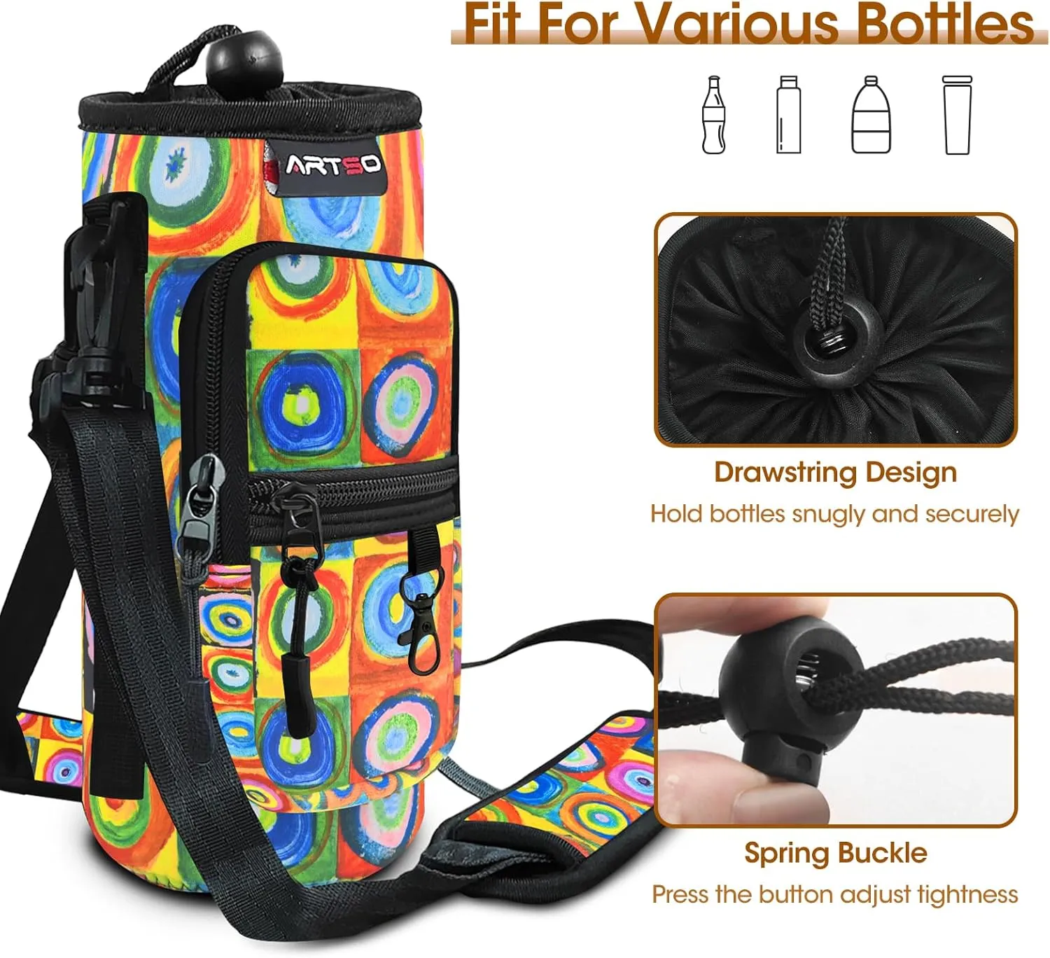 ARTSO Water Bottle Carrier Bag with Phone Pocket, Neoprene Sleeve Water Bottle Holder Sling Bag Pouch with Adjustable Strap 25/32/40/64 oz for Walking Hiking Camping Gym(32oz, Colorful Plaid Circle)