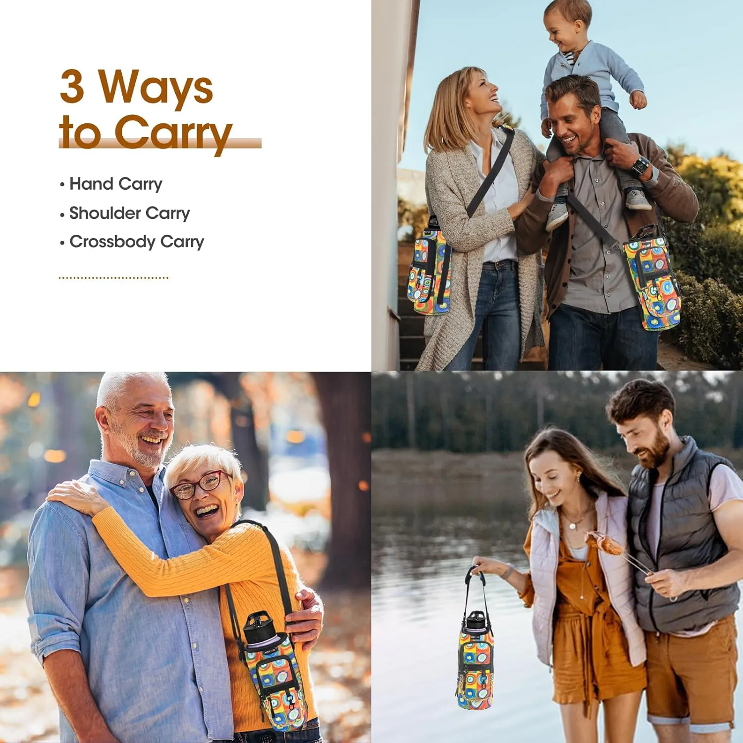 ARTSO Water Bottle Carrier Bag with Phone Pocket, Neoprene Sleeve Water Bottle Holder Sling Bag Pouch with Adjustable Strap 25/32/40/64 oz for Walking Hiking Camping Gym(32oz, Colorful Plaid Circle)