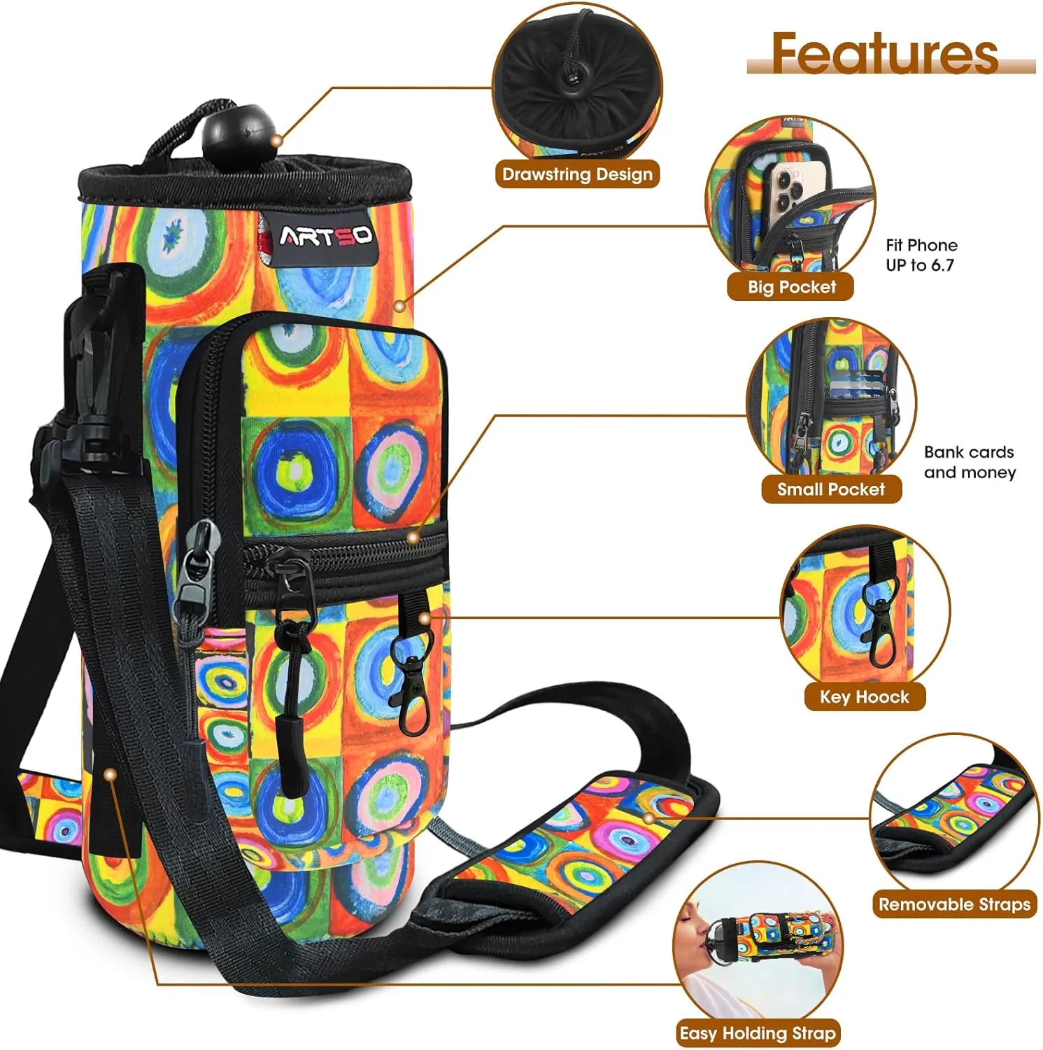 ARTSO Water Bottle Carrier Bag with Phone Pocket, Neoprene Sleeve Water Bottle Holder Sling Bag Pouch with Adjustable Strap 25/32/40/64 oz for Walking Hiking Camping Gym(32oz, Colorful Plaid Circle)