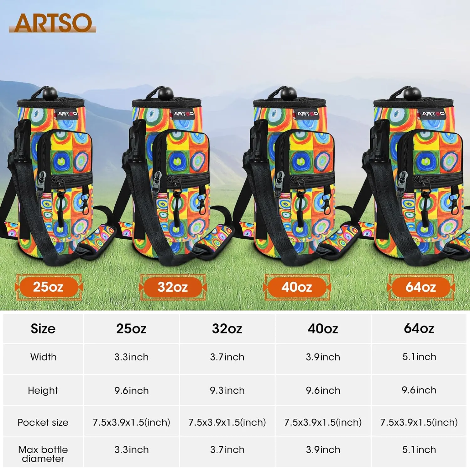 ARTSO Water Bottle Carrier Bag with Phone Pocket, Neoprene Sleeve Water Bottle Holder Sling Bag Pouch with Adjustable Strap 25/32/40/64 oz for Walking Hiking Camping Gym(32oz, Colorful Plaid Circle)