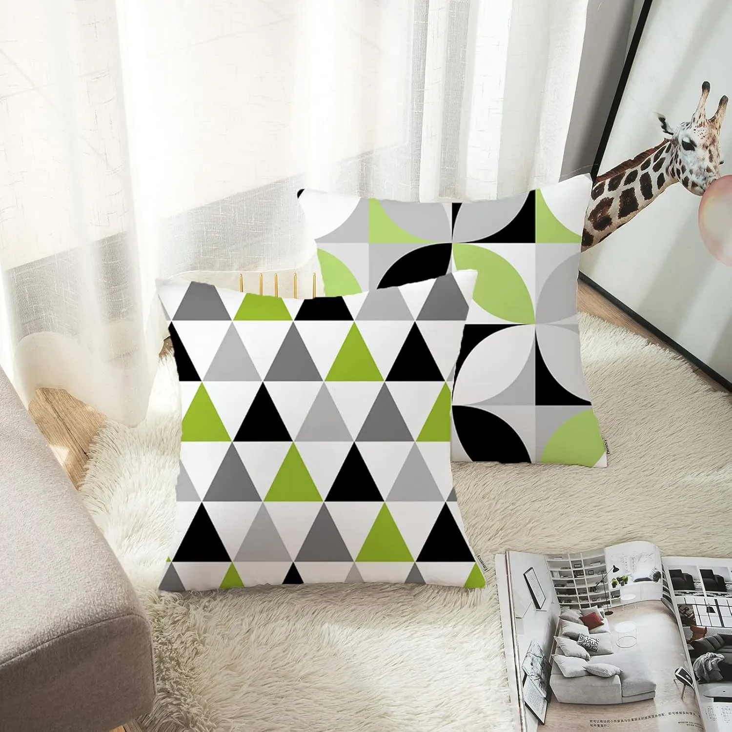 ArtSocket Set of 4 Throw Pillow Covers Green Black Lime Mosaic Pattern Gray Grey White Retro Triangles Geometric Decorative Pillow Cases Home Decor Square 18x18 Inches Pillowcases