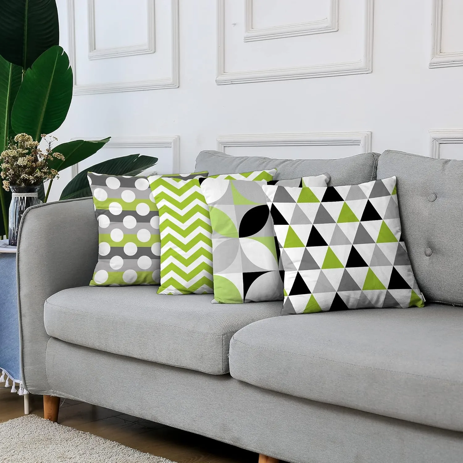 ArtSocket Set of 4 Throw Pillow Covers Green Black Lime Mosaic Pattern Gray Grey White Retro Triangles Geometric Decorative Pillow Cases Home Decor Square 18x18 Inches Pillowcases