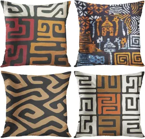 ArtSocket Set of 4 Throw Pillow Covers Orange Tribal Kuba Inspired Earth Colors Geometric Ethnic Black Brown Mud African Decorative Pillow Cases Home Decor Square 18x18 Inches Pillowcases