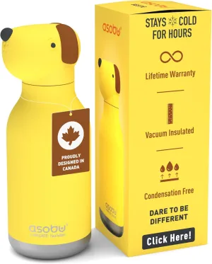 asobu Bestie Bottle Insulated Stainless Steel Water Bottle with Detachable Soft Animal Head Fun Drinking For Kids and Teens16 Ounce with Flexible Reusable Straw (Dog)