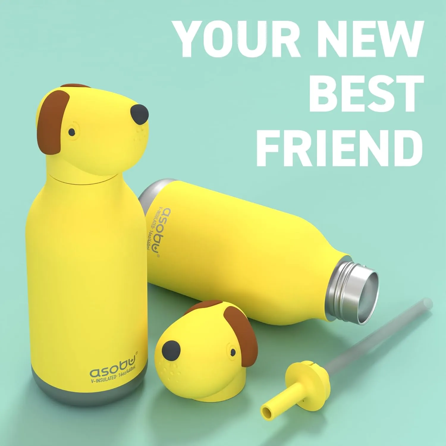 asobu Bestie Bottle Insulated Stainless Steel Water Bottle with Detachable Soft Animal Head Fun Drinking For Kids and Teens16 Ounce with Flexible Reusable Straw (Dog)