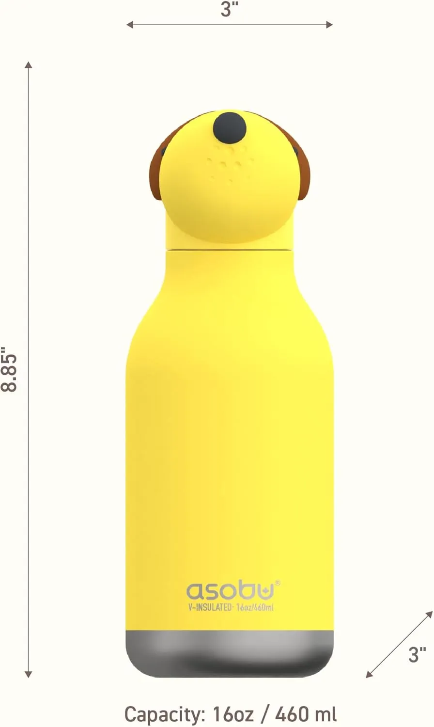 asobu Bestie Bottle Insulated Stainless Steel Water Bottle with Detachable Soft Animal Head Fun Drinking For Kids and Teens16 Ounce with Flexible Reusable Straw (Dog)