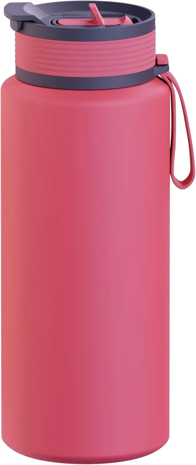 Asobu Boulder Puramic™ Insulated Sport Water Bottle with Dual Function Flip Open and Straw Lid for Hot Coffee and Cold Ice Coffee with Ceramic Coating 34 oz (Red)