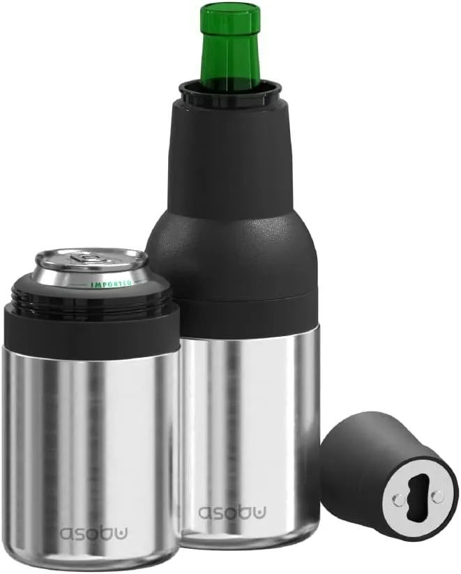 Asobu Frosty Beer Holder 2 Go Vacuum Insulated Double Walled Stainless Steel Beer Can and Bottle Cooler with Beer Opener Eco Friendly and Bpa Free (Silver)