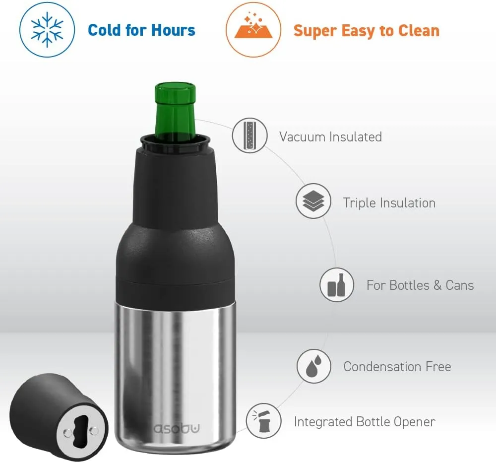 Asobu Frosty Beer Holder 2 Go Vacuum Insulated Double Walled Stainless Steel Beer Can and Bottle Cooler with Beer Opener Eco Friendly and Bpa Free (Silver)