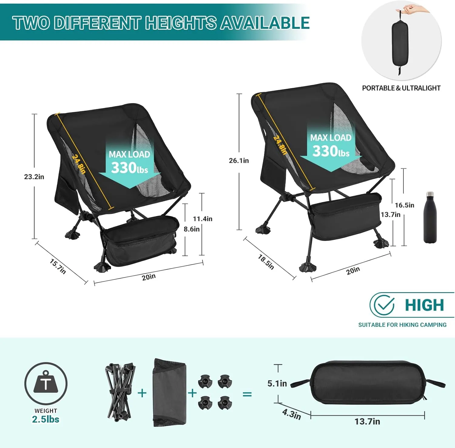 ATEPA Backpacking Chair, Ultralight Folding Portable Small Camping Chairs for Adults Compact Foldable Beach Seat with Anti-Sinking Feet & Aluminum Frame for Outdoor Hiking Travel Fishing