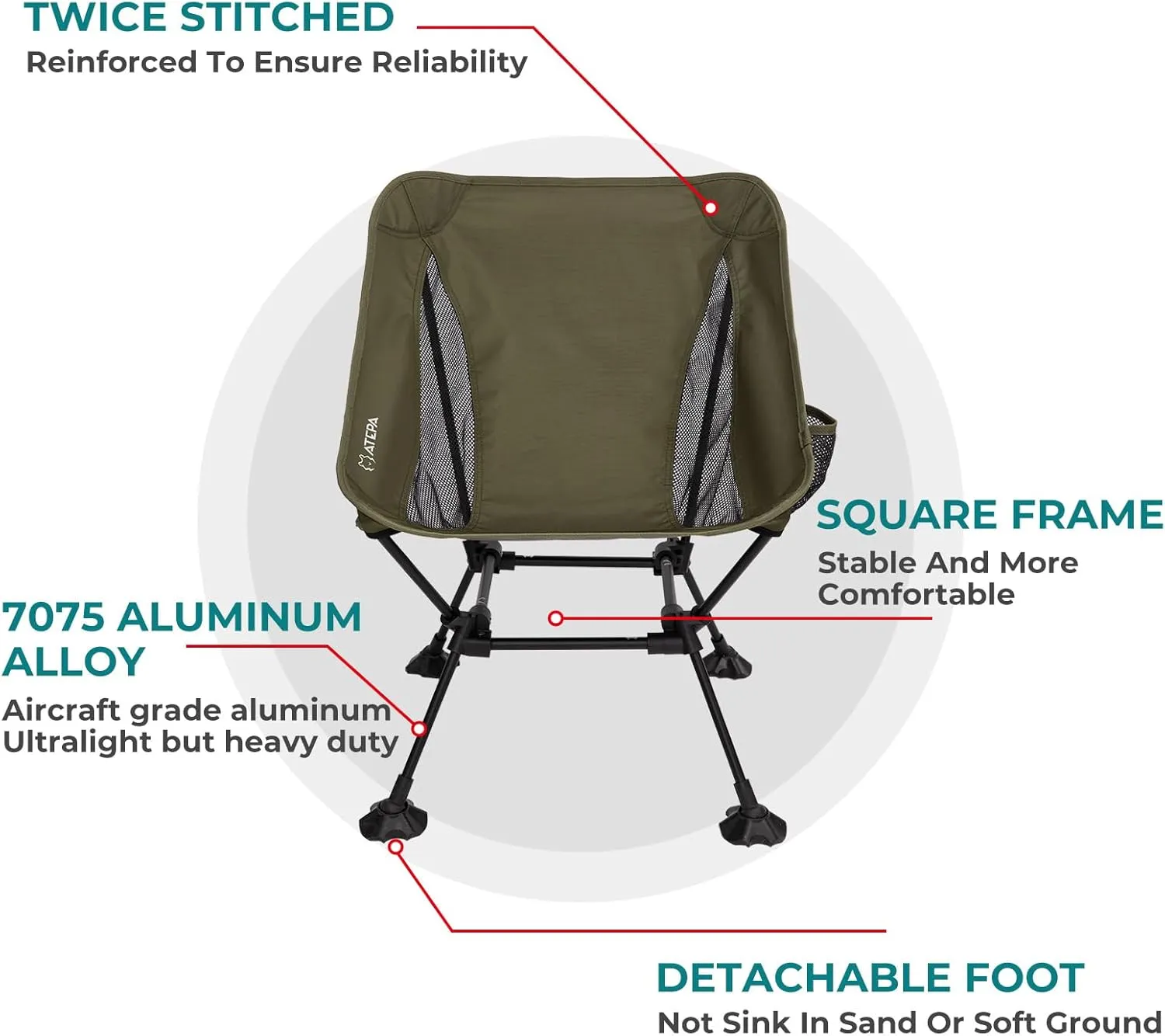 ATEPA Backpacking Chair, Ultralight Folding Portable Small Camping Chairs for Adults Compact Foldable Beach Seat with Anti-Sinking Feet & Aluminum Frame for Outdoor Hiking Travel Fishing