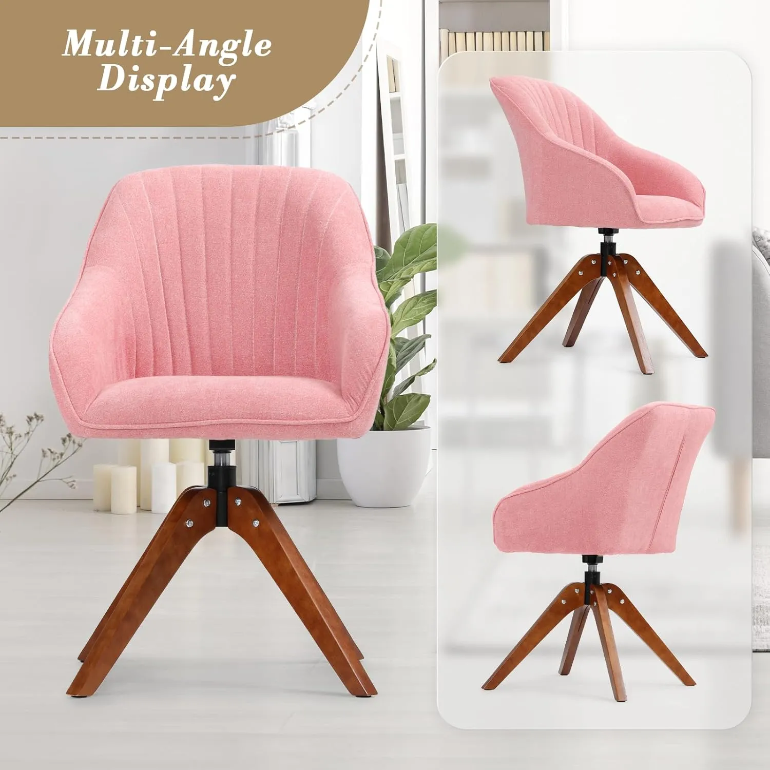 Athena Collection Swivel Modern Accent Chair, Linen Upholstered Armchair Office Desk Chair No Wheels with Wooden Legs, Comfy Vanity Chair Reading Chair for Bedroom Living Room Office, Pink