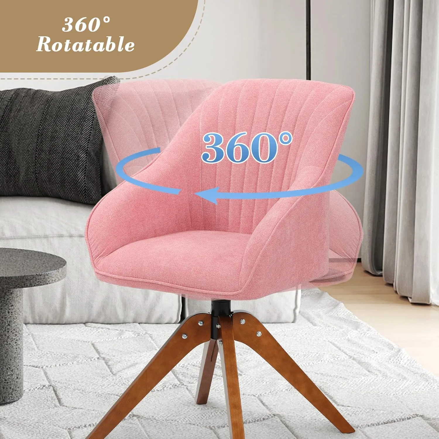 Athena Collection Swivel Modern Accent Chair, Linen Upholstered Armchair Office Desk Chair No Wheels with Wooden Legs, Comfy Vanity Chair Reading Chair for Bedroom Living Room Office, Pink
