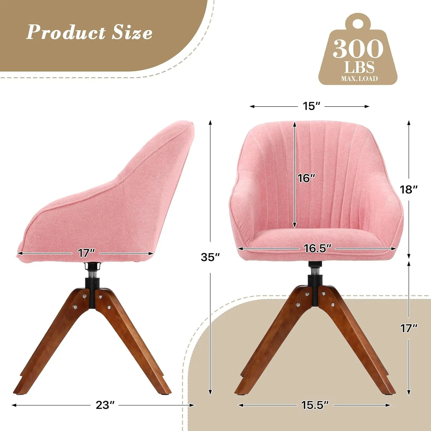 Athena Collection Swivel Modern Accent Chair, Linen Upholstered Armchair Office Desk Chair No Wheels with Wooden Legs, Comfy Vanity Chair Reading Chair for Bedroom Living Room Office, Pink